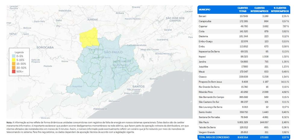 Mapa em tempo real do fornecimento de energia
