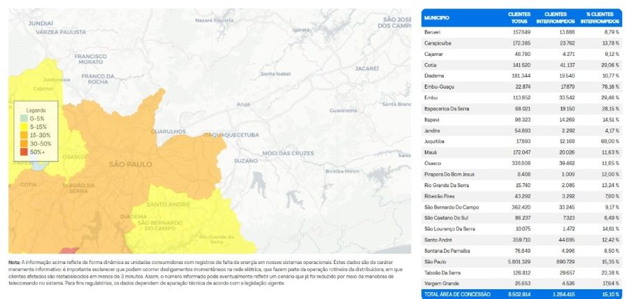 Mapa atualizado do reestabelecimento da Luz