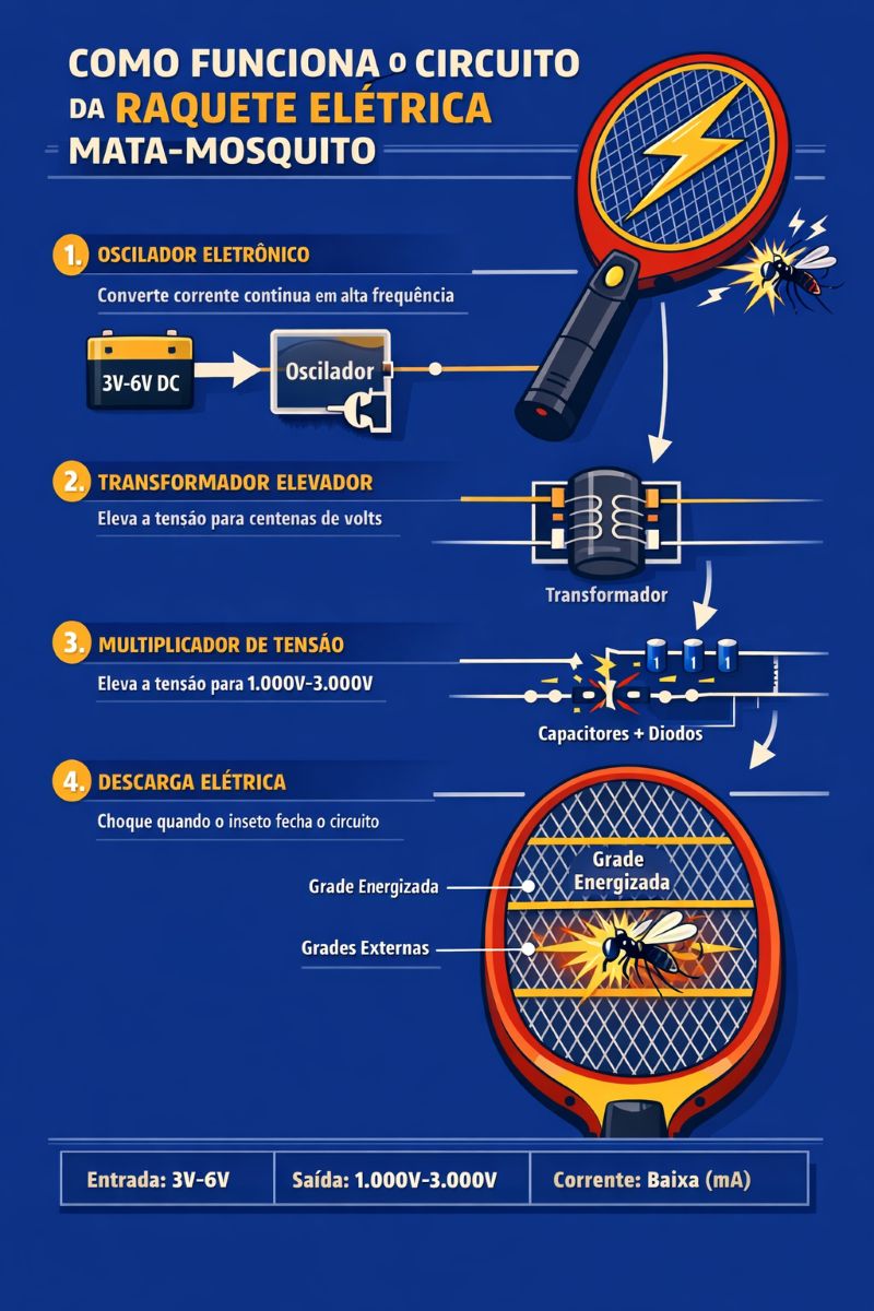 Raquete elétrica de inseto e o circuito por trás da descarga