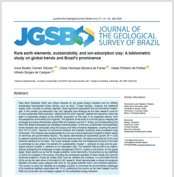 A bibliometric study on global trends and Brazil's prominence, publicado por Anna Tetzner e colaboradores no Journal of Geological Survey of Brazil, do Serviço Geológico do Brasil (SGB).