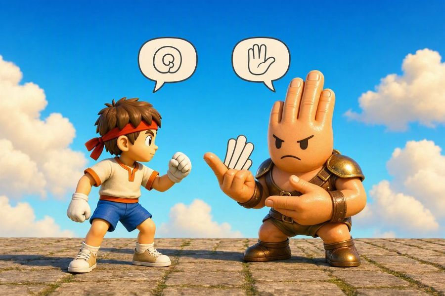 Alex Kid em Pedra, Papel, Tesoura. Personagem da SEGA reeditado com IA